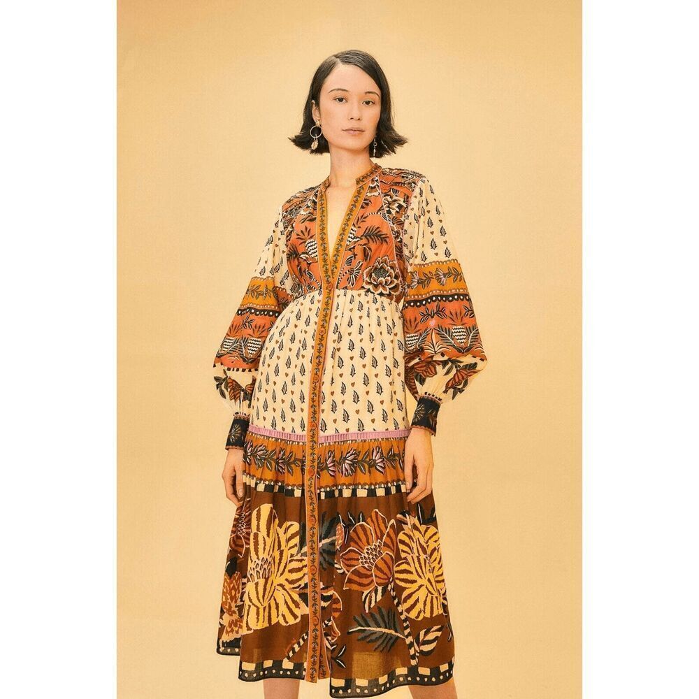 SOLD Farm Rio Beige Ainika Floral V Neck Midi Dress Small NEW